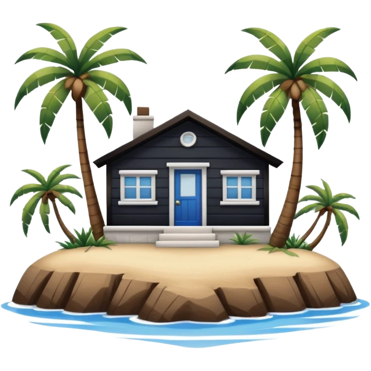 A full square 1 by 1   white and blue stripe house horizontally with brown wooden door on a island with palm trees  emoji
