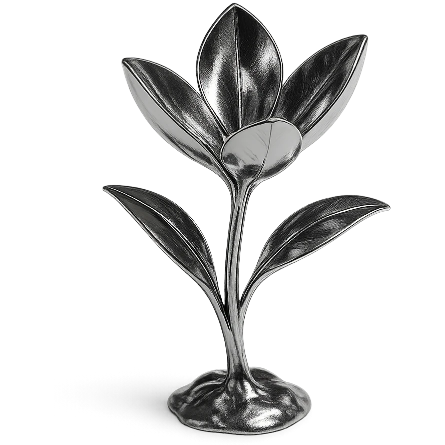 chrome style plant with three metallic petals emerging from the ground, highly reflective and polished emoji