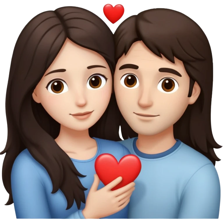 A couple embracing, man with light mestizo skin and straight dark brown hair, woman with fair skin and long slightly wavy dark brown hair, with white hearts around them emoji