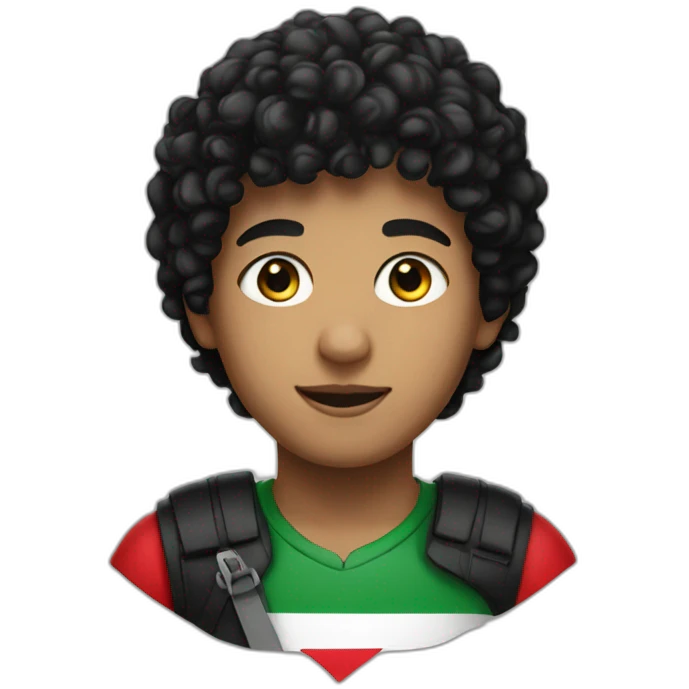 A boy, black hair, curly hair, wearing the Palestine flag emoji