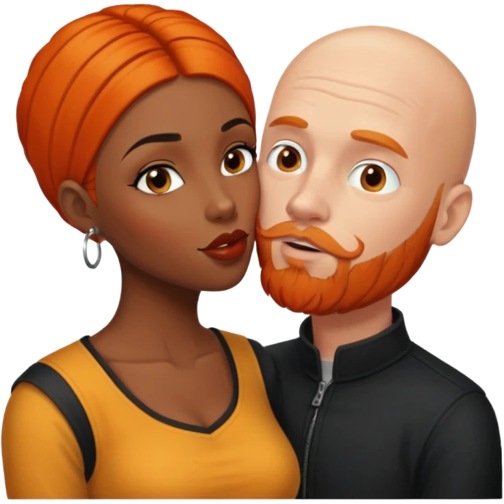 White bald man with ginger orange facial hair and beard. kissing black women with long black hair with brown highlights  emoji