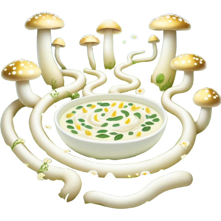Glowing garden of probiotic foods: yogurt as white flowers, kefir as luminous mushrooms, and fermented vegetables as magical plants. Beneficial bacteria appear as tiny golden lights floating through the garden. The intestine forms a spiraling path surrounded by this magical ecosystem. emoji