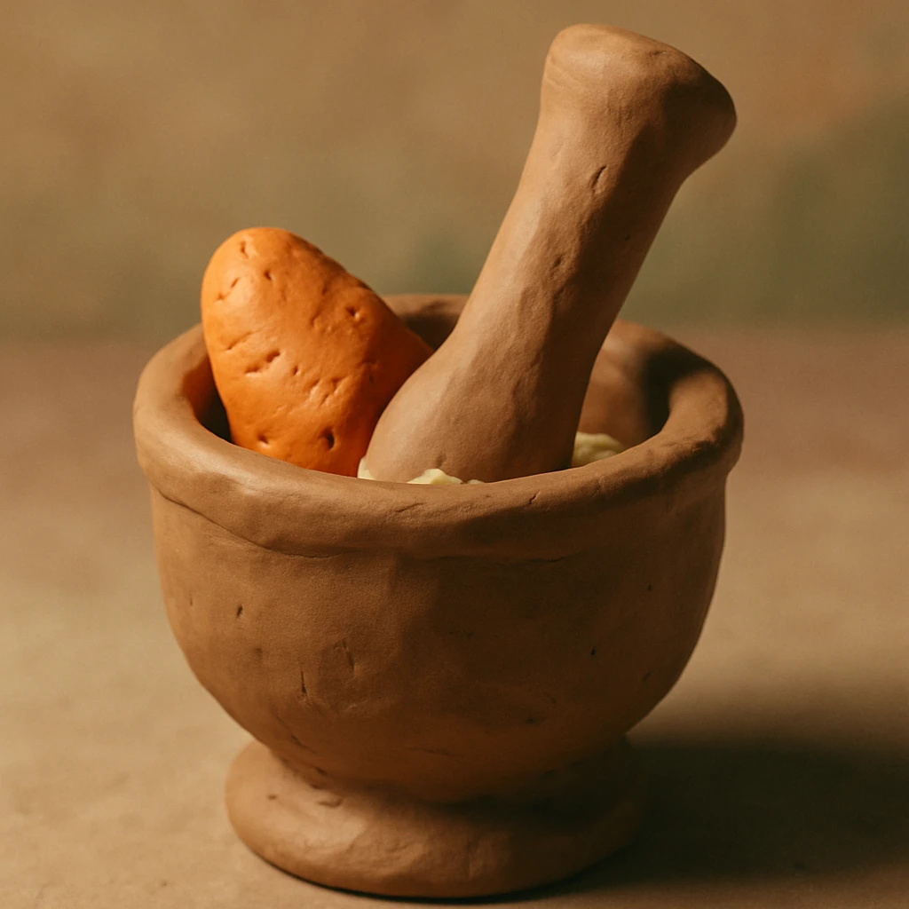 close-up of mortar and pestle with yam being pounded, tactile sculpted appearance, earthy tones, claymation style emoji