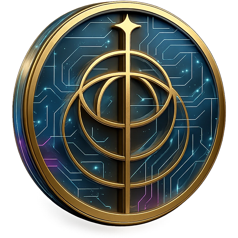 Re-imagine the main symbol as a gold object inside a circle. Overlay the circle with glowing neon blue and pink circuit patterns in a clean, futuristic cyberpunk holographic style. The background outside the circle should be transparent, maintaining a sleek cyberpunk aesthetic with neon and circuit effects on the circle. emoji