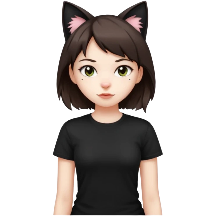 a girl with pale skin, short dark brown hair with lots of dandruff , cat ears and a tail, with a black t-shirt on emoji