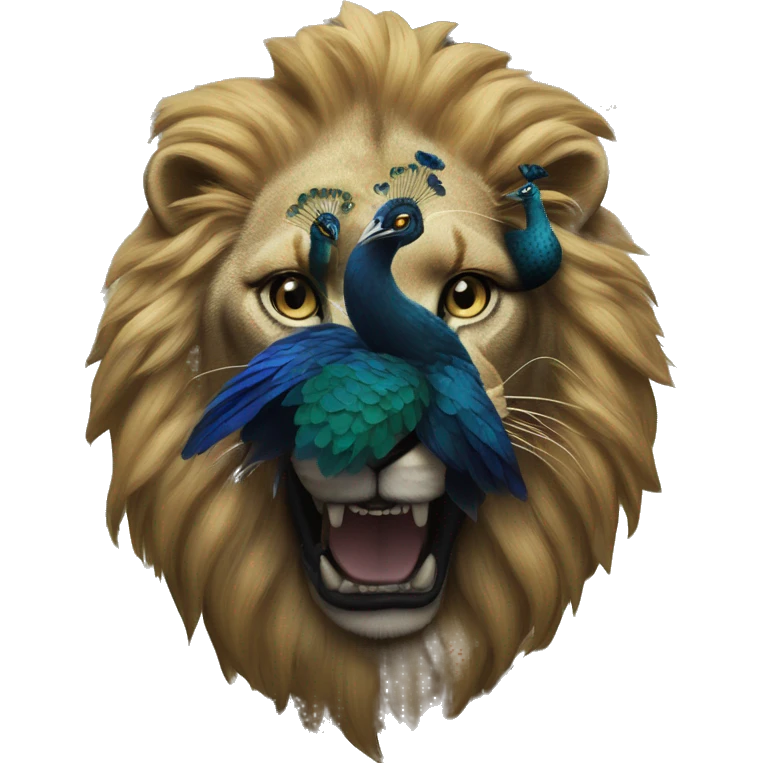 a face of a half lion and peacock bighting a black rose emoji