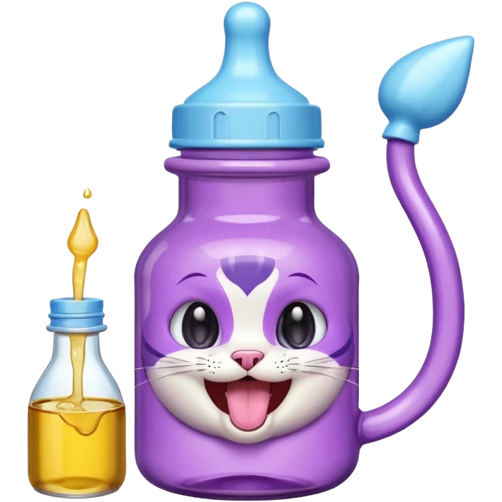 Smiling bottle of oil light purple top and light blue sticking tongue out and with cat ears emoji
