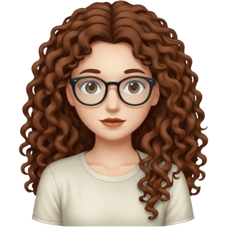 aesthetic white girl with cool coloured brown, very long curly hair, she wears an offwhite top and her eyes are black , and wears thin small glasses emoji