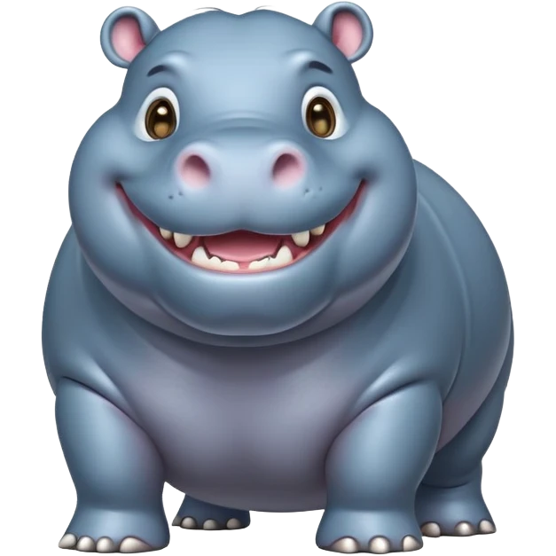 cinematic-hippo-realistic-full-body-side-view-standing-on-all-fours-emoji,-massive-round-frame,-wide-mouthed-grin-exposing-huge-teeth,-head-tilted-dramatically,-thick-greyish blue-hide-glossy, big cute eyes emoji