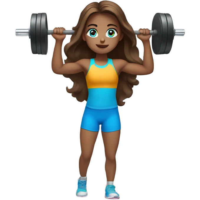 girl with long brown hair,  bright blue eyes, lifting weights emoji