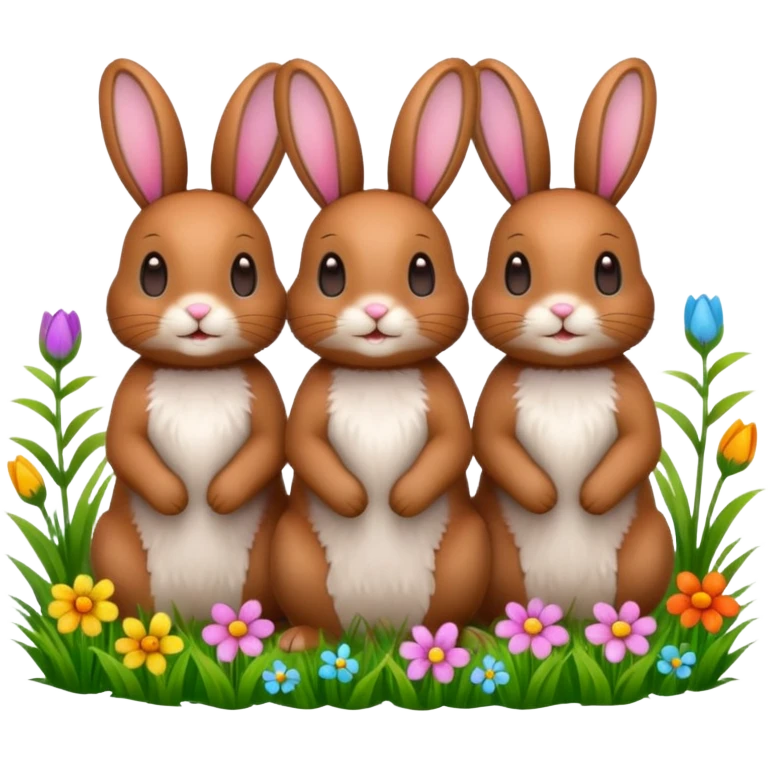 3 Bunny's standing in grass field with flowers happy looking foward emoji