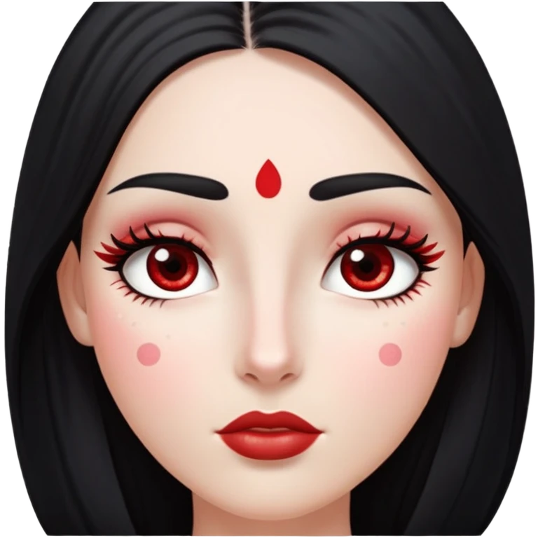 White girl with long oval shaped face, large almond shaped eyes with long eyelashes, long straight black hair falling in front of her bare shoulders, face closeup, with red and white gopi dots decorating her forehead above eyebrows emoji