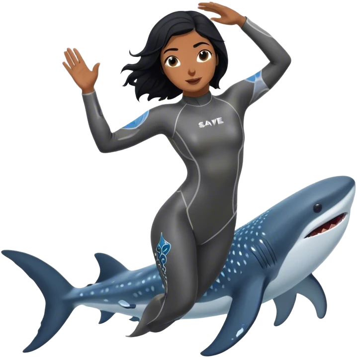 One was wearing a save ocean silver wetsuit
Black haired female diver dances with whale sharks emoji