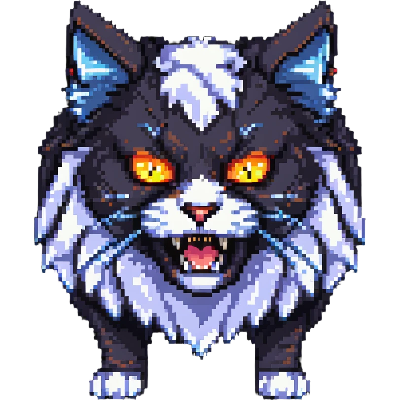 fierce fluffy cat with glowing eyes and snarl emoji