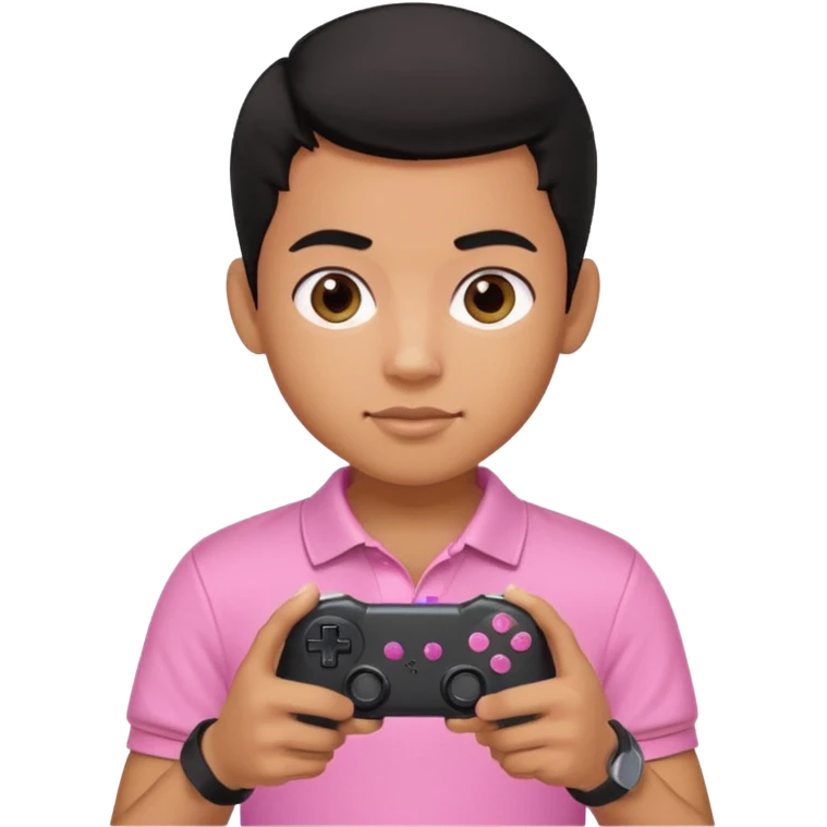 generate a pretty tan bratz boy with a pink polo. Holding a gaming controller in hand. Black hair emoji
