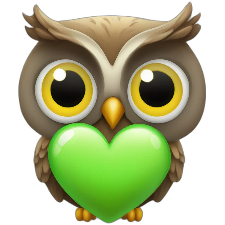 Simple Friendly owl with big eyes and green heart sitting emoji