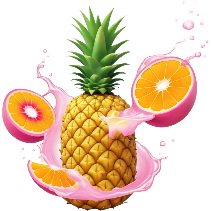 Golden pineapple, orange mango slices, pink papaya pieces, and a swirling white kefir drink floating around a glowing stomach. Light streams flow through the digestive system, showing enzymatic action dissolving blockages. emoji