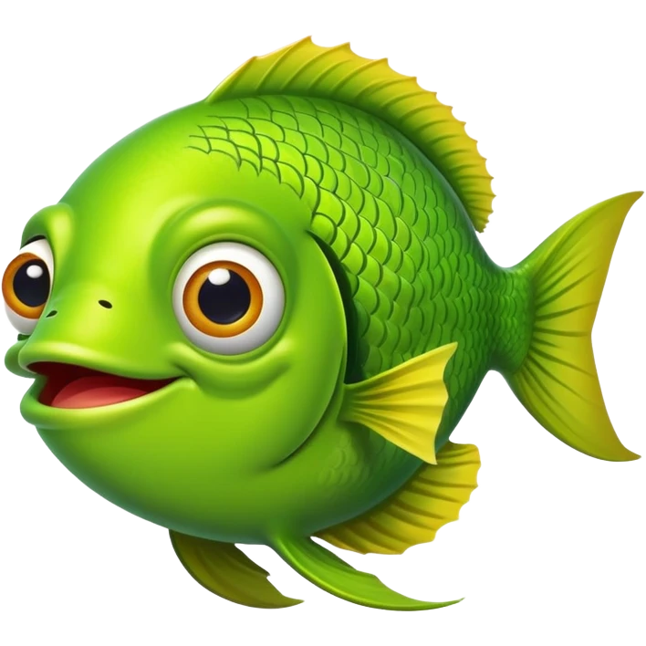 extremely goofy bright lime green fish with huge bulging eye and dopey smile, looking incredibly stupid and friendly, perfect flat side profile facing right, exactly 90 degrees, one eye visible emoji
