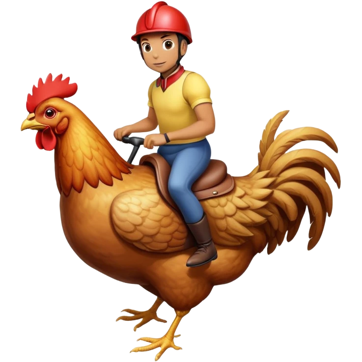 person riding a giant chicken like a jockey, funny meme, comical, human jockey on chicken emoji