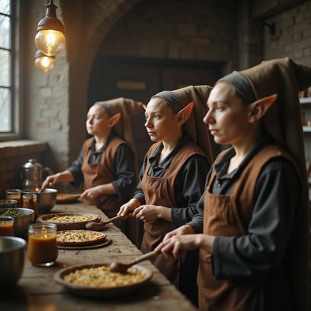 a group of house elves working in the Hogwarts kitchens, Harry Potter series, photorealistic style emoji