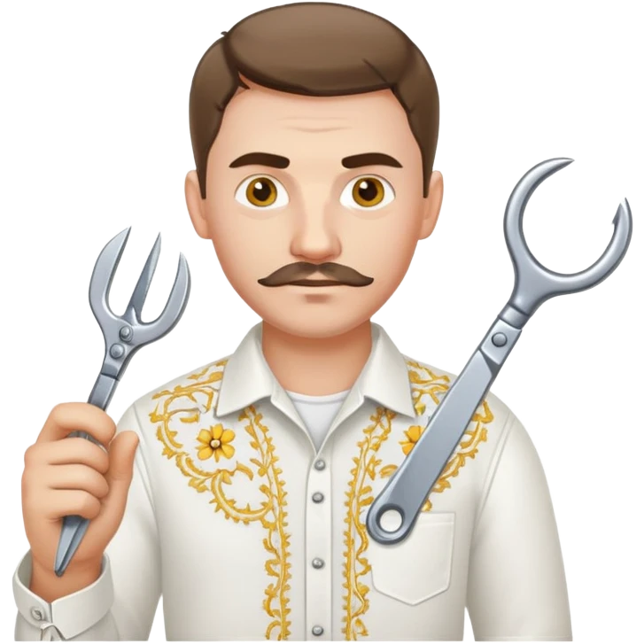 A Ukrainian man in a white embroidered shirt holds a spanner in one hand and scissors in the other emoji