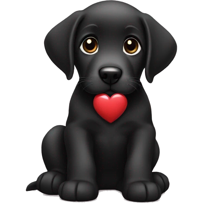 sitting black labrador puppy is holding a heart emoji