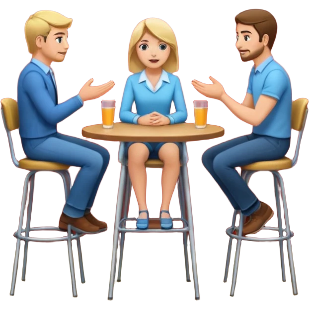 casual interview on stage, three people, facing each other, woman on the left, two men on the right, high chairs emoji
