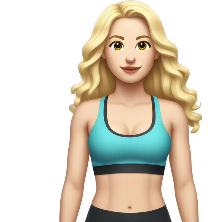 Woman, white skin, pale skin, long hair, blonde hair, wavy hair, standing, sports bra, leggings, measuring tape around waste emoji