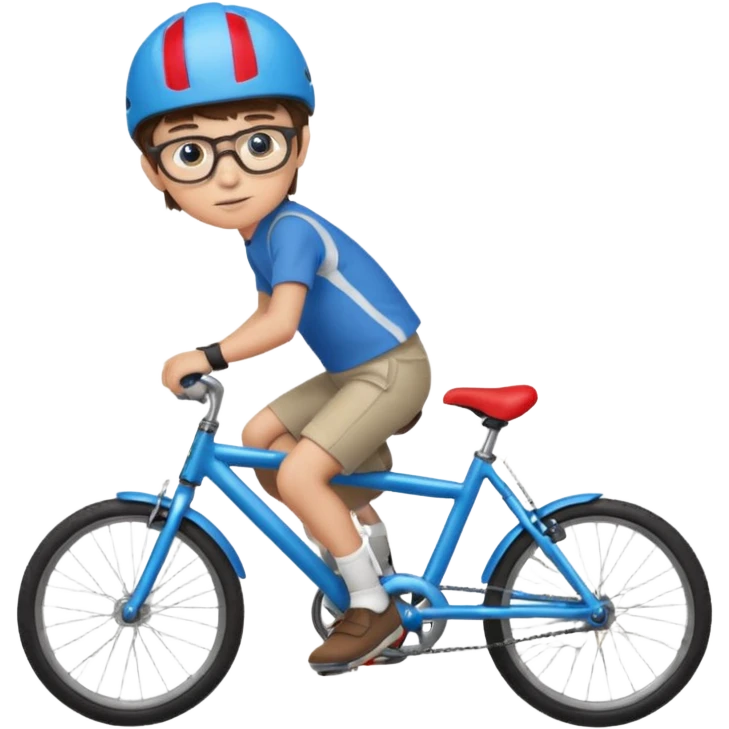 12 year old boy with short brown hair and a fringe, round glasses, blue eyes, riding a blue bike, wearing a red helmet emoji