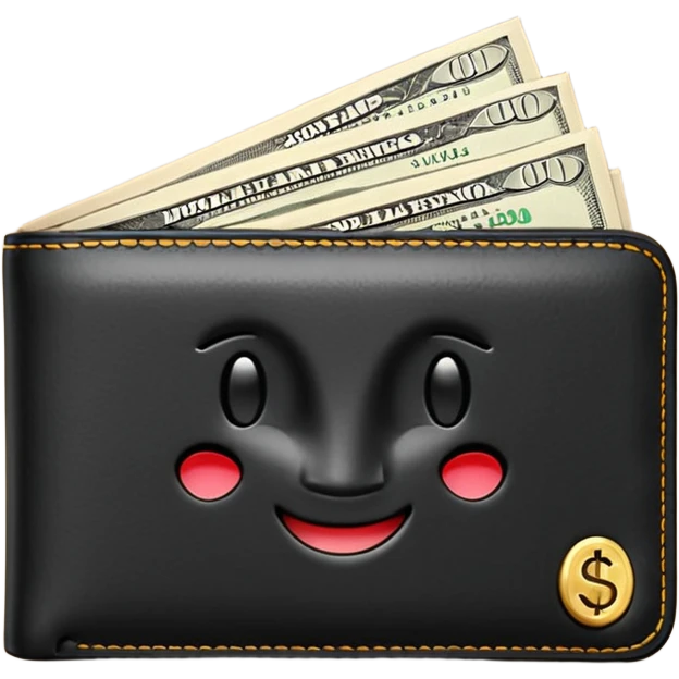 Rich emoji style black leather wallet with dollar bills, luxury money vibe, premium 3D emoji, ultra clean, high detail, no background
 emoji