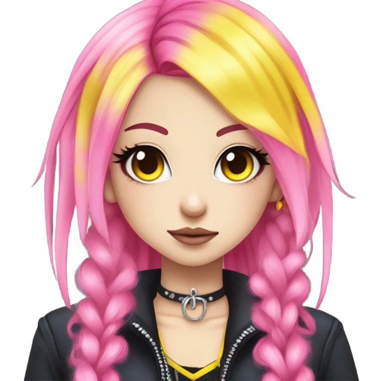 Blue eyed long eye lashes pout blonde and pink hair pale hime gyaru girl, hot pink and yellow split-dyed hair, nose ring, elf ears, dark makeup, punk clothes emoji