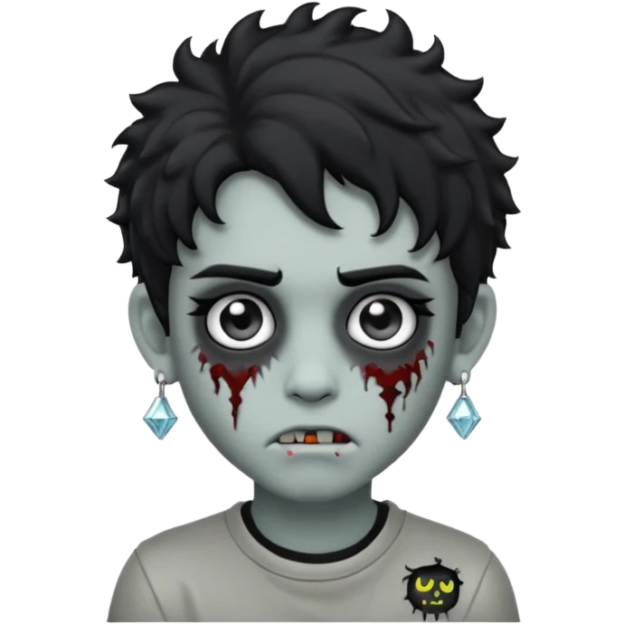 boy zombie with curly black hair emo grey skin skin and diamond stud earrings, make the emoji look like this one 🧟 emoji