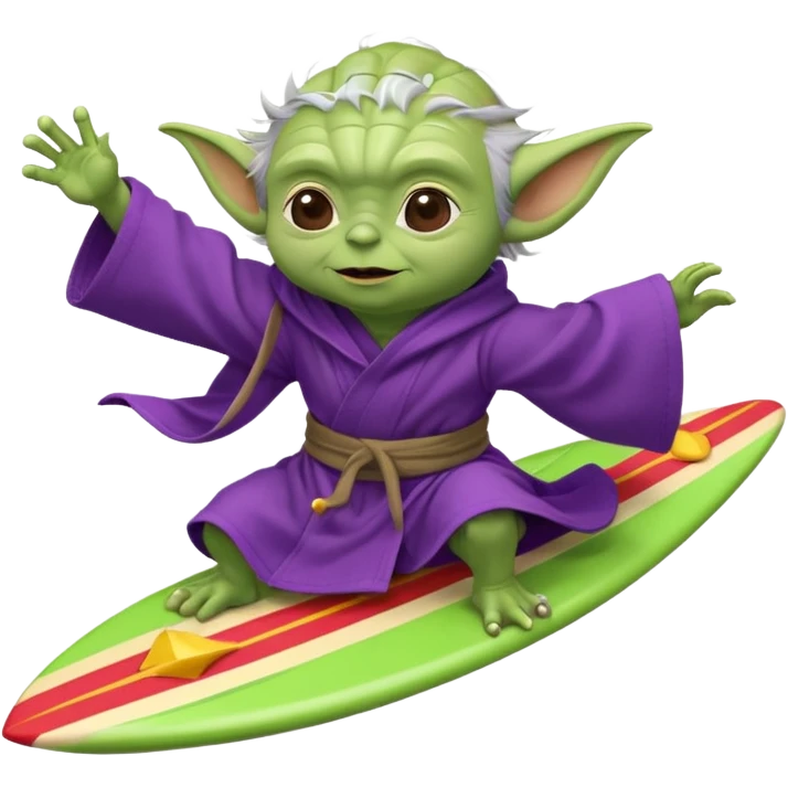 yoda in a purple robe flying in a rocket like surfing emoji