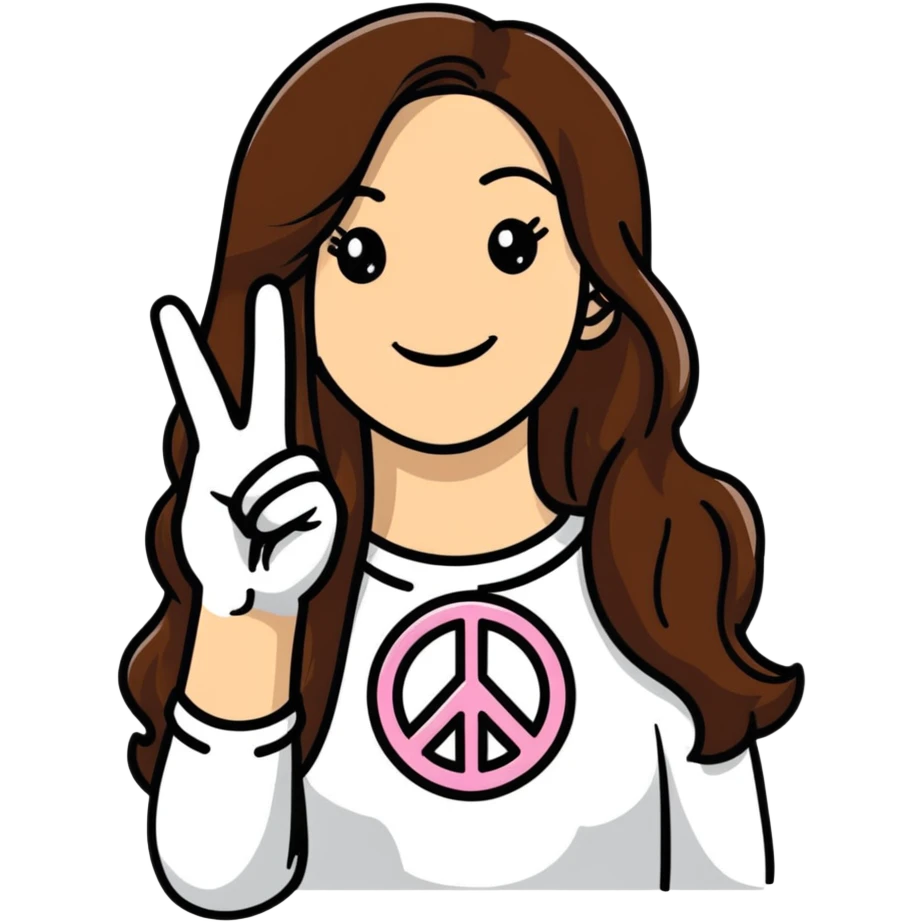Young woman with long brown hair, smiling, making peace sign, TikTok star emoji