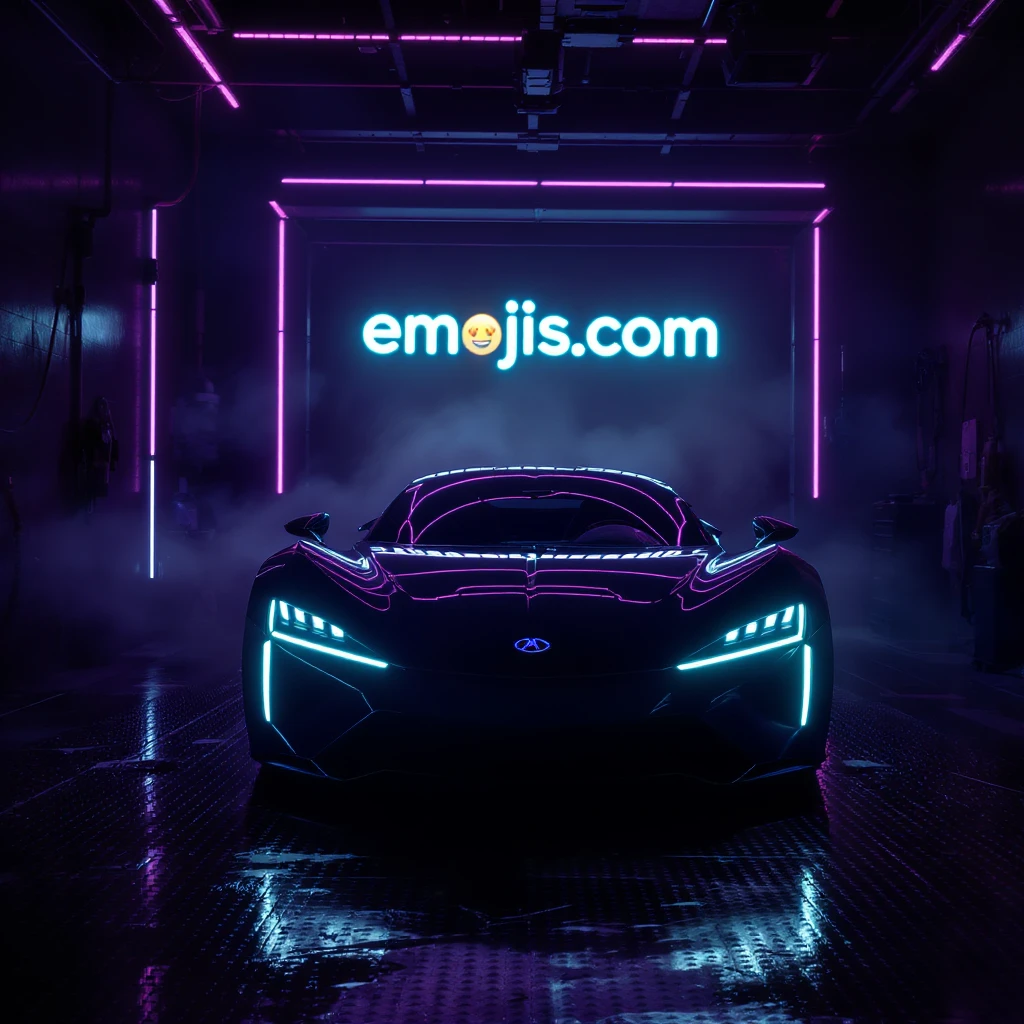 Cinematic still of a futuristic car parked front to camera inside neon garage with led behind saying "emojis.com", room fill with haze, very detailed and futuristic ,inspired by cyberpunk 2077 emoji