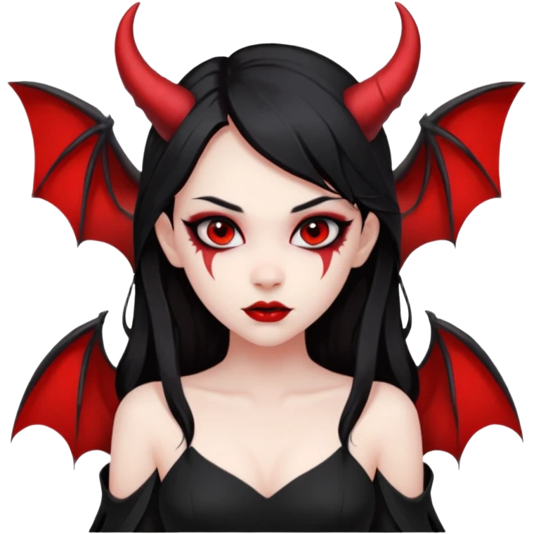 demon girl, skin red , black long hair, small horns, bat wing, black open-back dress, bold black outlines emoji