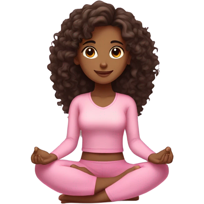 Dark brown, curly, long hair and super dark brown eyes yoga beautiful girl in light pink pink pink clothes sitting on a yoga mat emoji