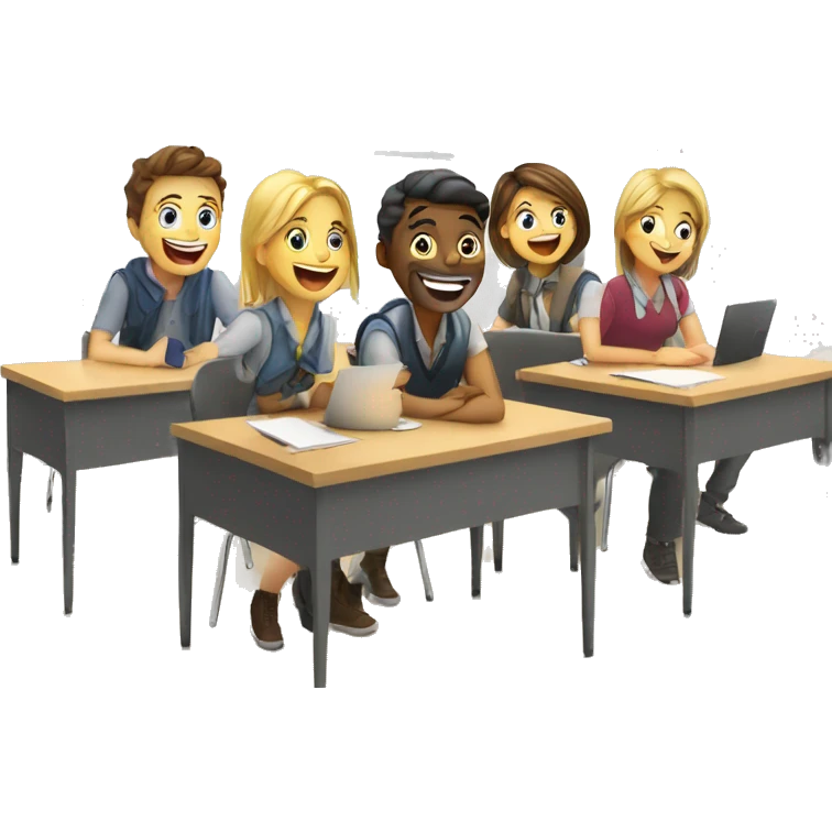 3 European students sitting at desks. They are laughing at lesson emoji