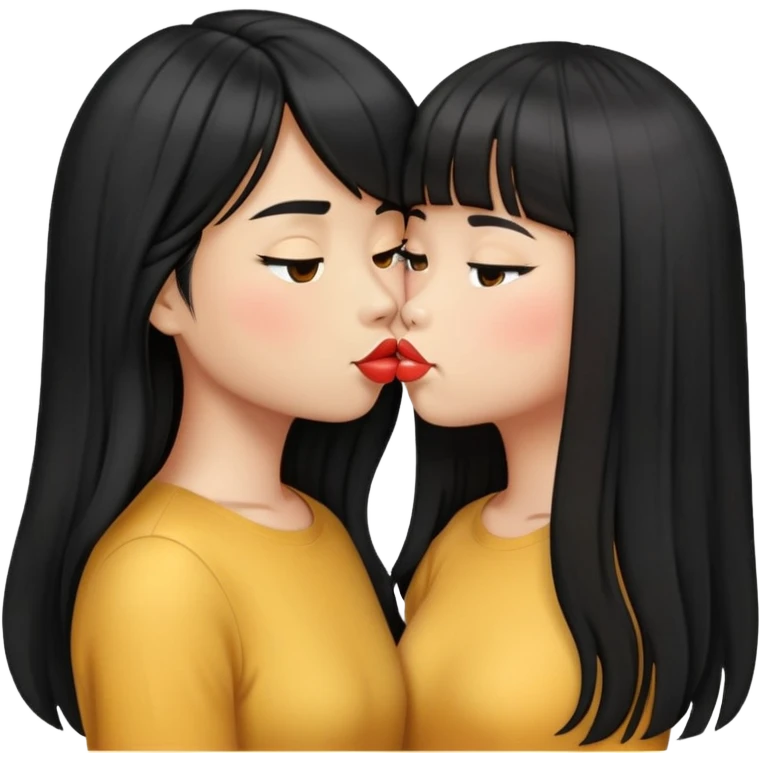 This emoji kissing an asian girl with long black hair and curtain bangs emoji
