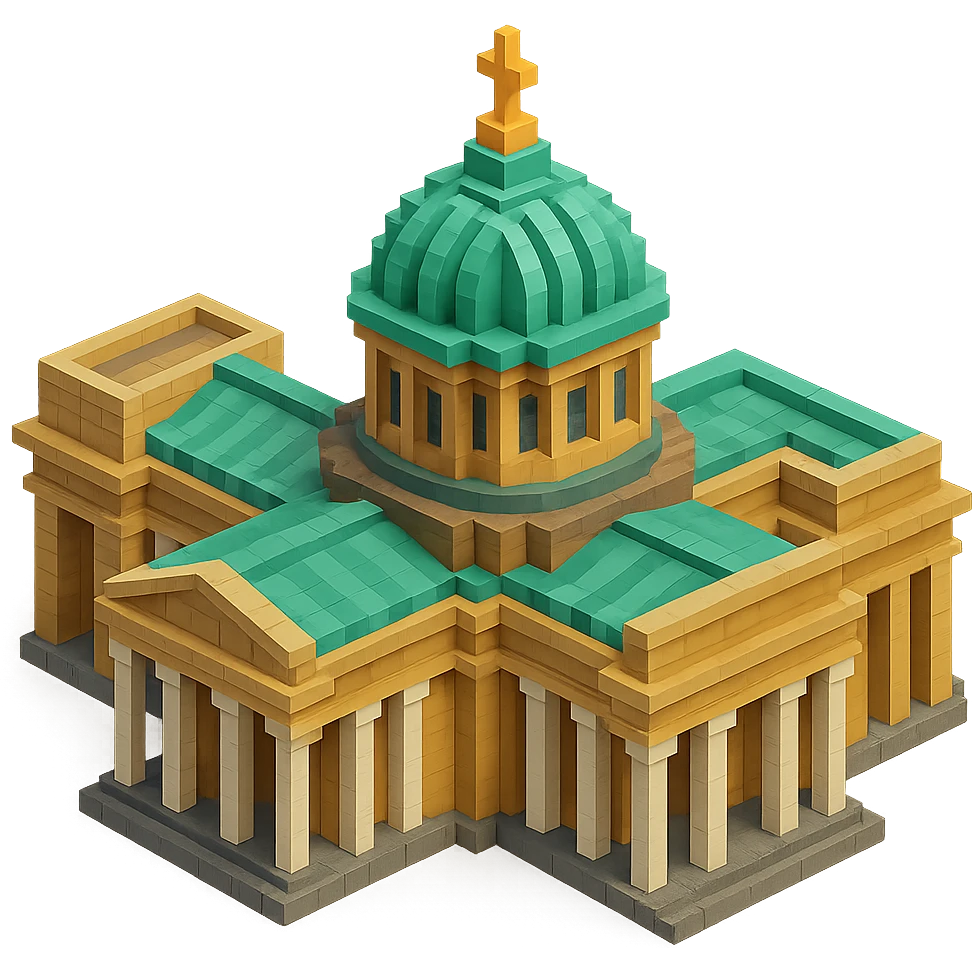 Kazan Cathedral of Saint Petersburg in voxel style, isometric view, realistic colors with light brown stone, green central dome, white columns emoji