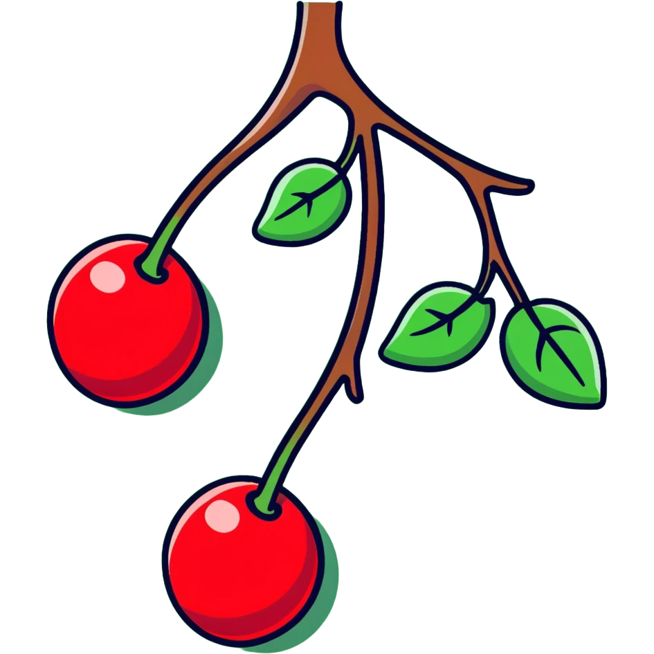 Two plump red cherries hanging from a small branch with green leaves emoji