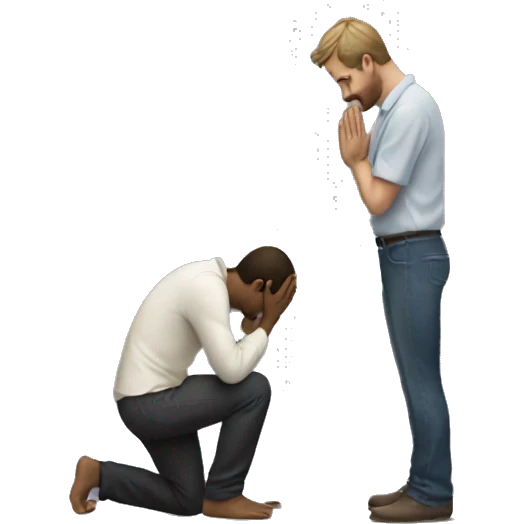 man kneeling down in front of other man and begging for sorry emoji
