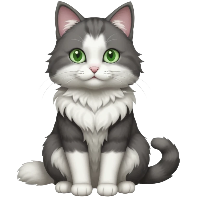 full body view of beautiful female solid dark grey cat with green eyes, white toes/paws and white patch on her chest emoji
