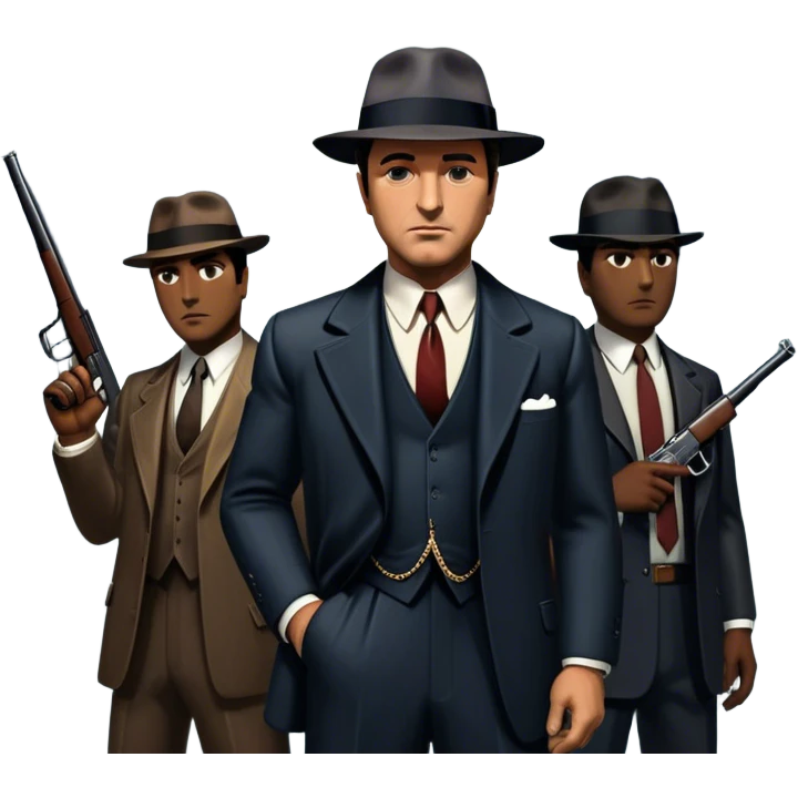 Vintage noir poster with Don Corleone surrounded by gangsters holding Thompson submachine guns. Background features New York skyscrapers, adding to the gritty, classic gangster film feel.  Dark and moody atmosphere with shadows, suits, and a mysterious vibe. Transparent background. emoji