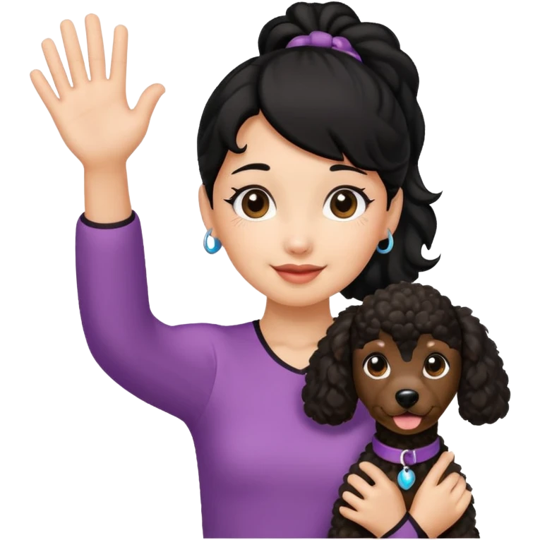 Ponytail black hair girl with brown Poodle say goodbye  emoji