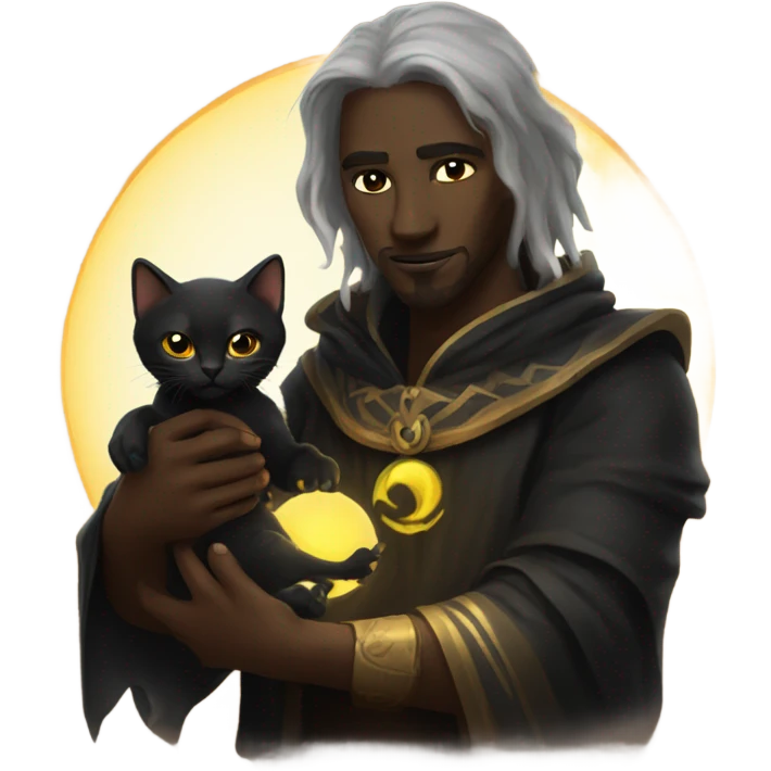 A sun warlock who is holding a black kitten emoji
