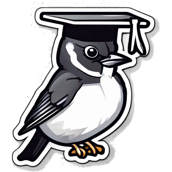 sticker: black and white sparrow with a square academic cap on his head laughs emoji