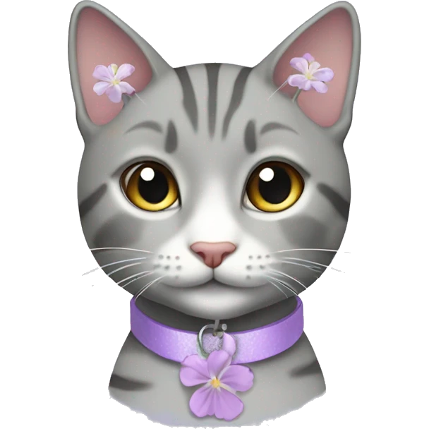 Beautiful girl grey tabby cat with lilac collar with white flower pendant emoji