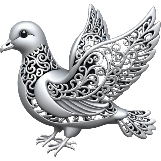 Black and silver filigree dove, 3D, extremely detailed design emoji