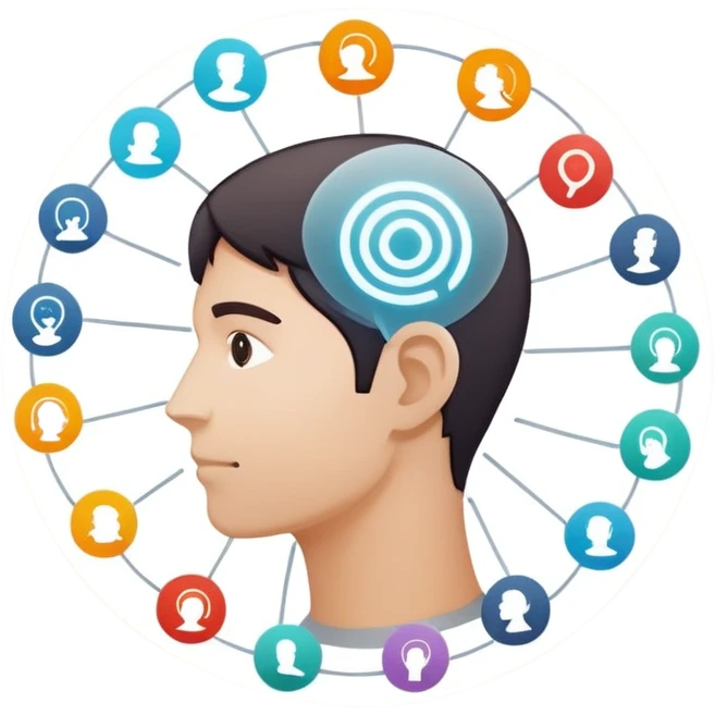Circular web of profile icons linked by glowing lines, with one highlighted in the center, on a soft neutral background. emoji